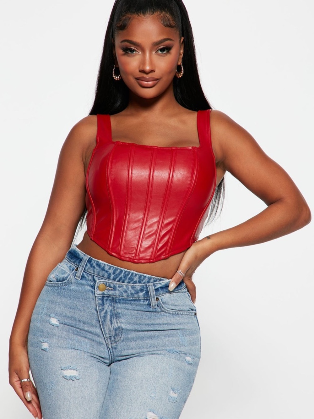 New York & Company Red Faux Leather Corset-Style Crop Top